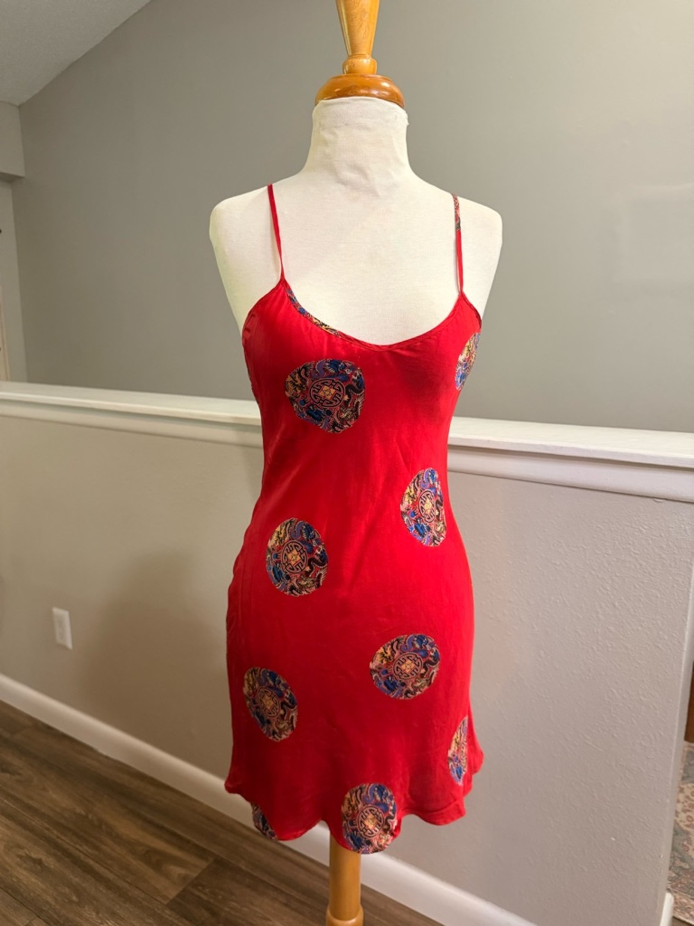 Red Silk Slip Dress Dragon Medallion Y2K Spaghetti Strap Mini Chinese